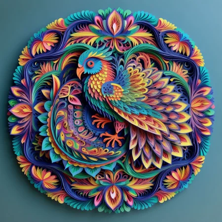 , Mandala style, paper art, beautiful tropical bird, colorful, 3d mandala pattern, asymetrical