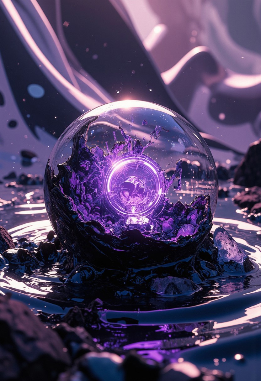 close-up of a glass orb partially submerged in rippling ink-black liquid, inside the orb swirling translucent filaments of violet and white light, suspended tiny crystalline shards slowly rotating, surface of the orb etched with microscopic fractal glyphs, soft reflections of neon circuitry patterns around the edges, scattered droplets frozen mid-air, the background morphing into abstract flowing silk folds of muted purple and carbon grey, gentle mist rising with faint luminescent sparkles, hyper-detailed material rendering, extreme focus on textural contrast between smooth glass, liquid turbulence, and hard-edged crystals, cinematic glow, subtle lens flare on highlights, slow surreal motion.