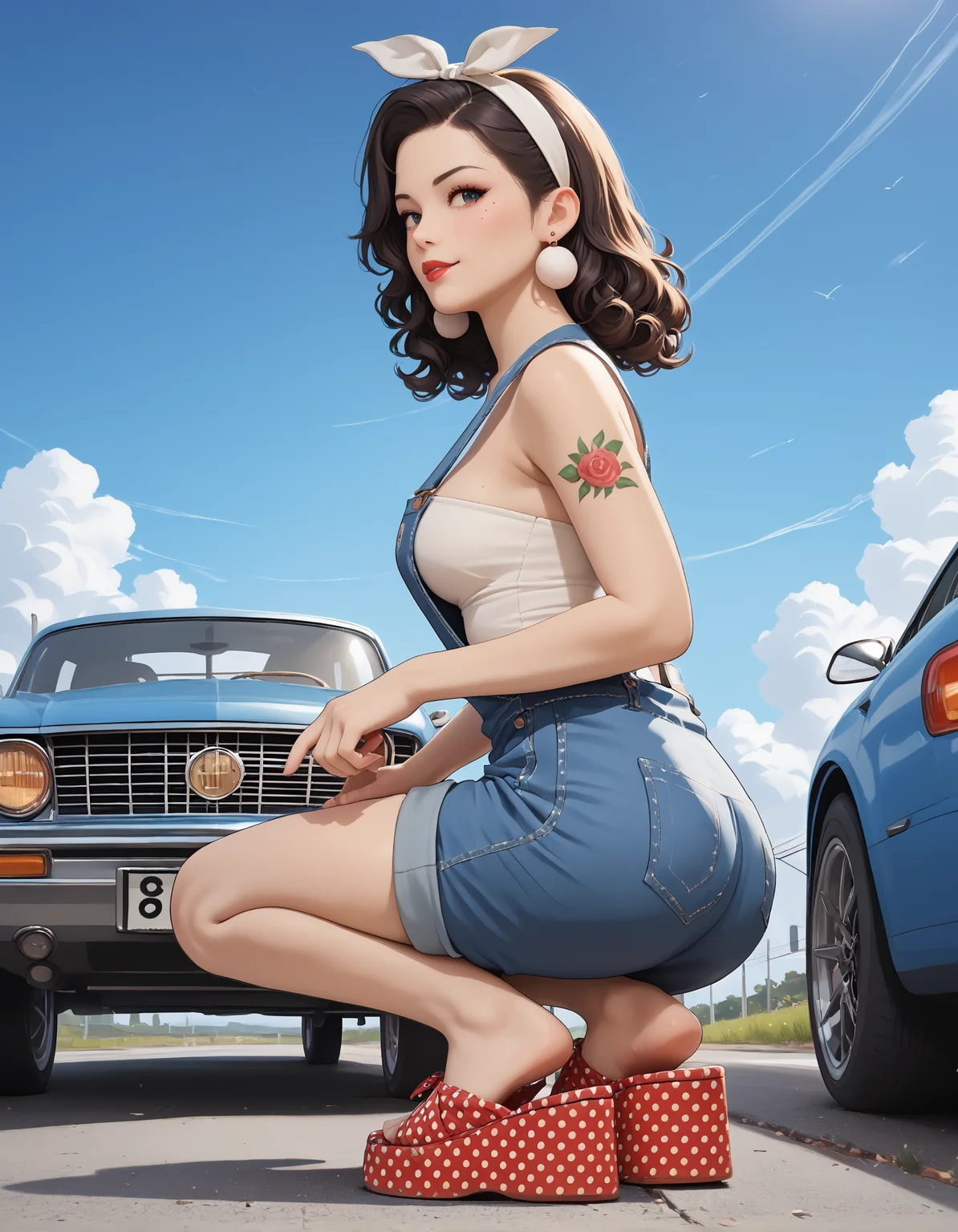 score_9, score_8_up, score_7_up, score_6_up, score_5_up, score_4_up,
(from side:0.6),
outdoors, field,
1girl, r0ckabilly, lipstick, earrings, tattoo, curly hair, white hairband,
white tube top, bib overalls,
medium breasts,
(squatting), leaning on a car, classic car, car,
(m1nn1e sandals), feet, toes, foot focus,
pinup,
embedding:zPDXL2 ,