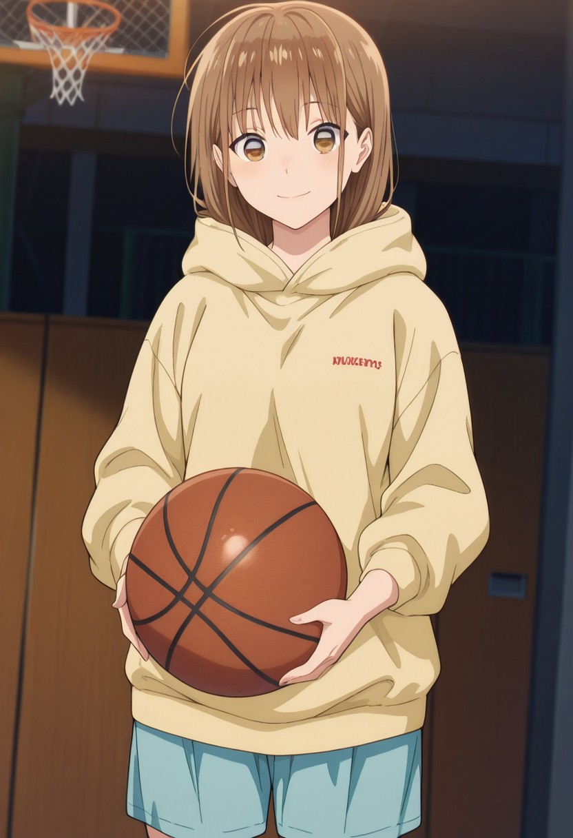 masterpiece,best quality,amazing quality, 
chinatsu, 1girl, solo, brown eyes, brown hair, bangs, hoodie, hood, yellow hoodie, shorts, blue shorts, smile, holding basketball, dutch angle,