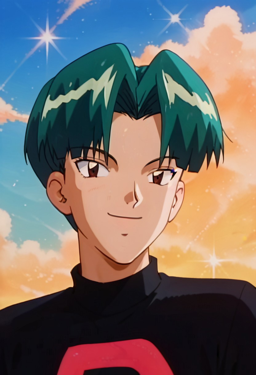 uncensored, score_9__up, score_9, score_8_up, score_8, score_7_up, score_7, score_6_up, score_6, score_5_up, source_anime, anime screencap, retro artsyle, 1990s (style),
PKMNButch, 1boy, Green Hair, brown eyes, short hair, bangs, team rocket, black shirt, 
smile, face foucs, upper body
outdoor, sky,