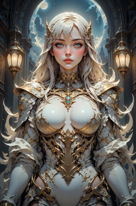 This is a highly detailed digital artwork in a fantasy style, featuring a regal, ethereal woman. She has fair skin and long, flowing platinum blonde hair styled in loose waves and adorned with delicate golden ornaments. Her eyes are large and expressive, with a piercing blue hue, and she wears intricate gold and white makeup that accentuates her high cheekbones and full lips.
The woman is dressed in a luxurious, ornate outfit that resembles a medieval or fantasy armor. The armor is primarily white with gold accents and intricate patterns, and it is adorned with large, shimmering feathers that cascade down her shoulders and back, giving her a majestic and almost angelic appearance.
The background is a dimly lit, mystical setting with a dark, cloudy sky and a full moon glowing faintly behind her. The architecture around her appears to be of an ancient, grandiose building with tall, narrow windows and ornate, gothic-style lamps that emit a warm, golden light, casting a soft glow on her and the surroundings. The overall atmosphere is one of mystery and magic, with a sense of otherworldly beauty and power emanating from the woman.
<lora:DarksunRIDDV3:0.5> <lora:flux_hyperkraximalism-balanced:0.5> <lora:Midjourney_-_SemiReal_Dreams_FLUX_LoRA:0.5> <lora:CPA:0.5> <lora:Anime_realistic_v2:0.5> Realistic anime style <lora:BLUE_mk4_angel_FLUX_01:0.5>