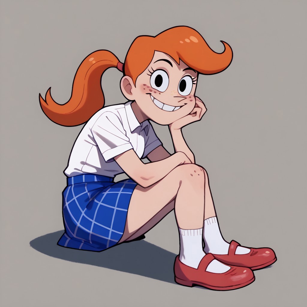 score_9, score_8_up, score_7_up BREAK MindyGrim, 1girl, orange hair, ponytail, black eyes, freckles, short-sleeve white polo shirt, blue plaid skirt, pink mary jane shoes, smiling at viewer,