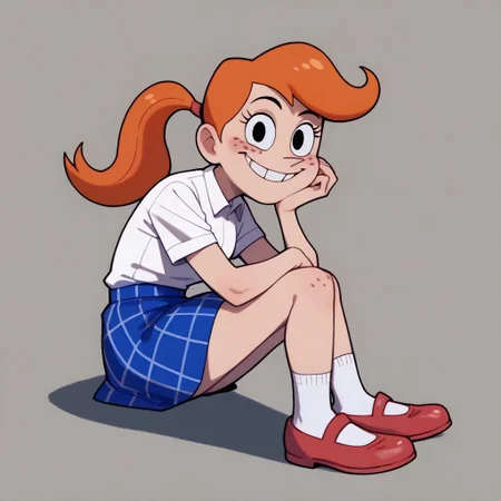 score_9, score_8_up, score_7_up BREAK MindyGrim, 1girl, orange hair, ponytail, black eyes, freckles, short-sleeve white polo shirt, blue plaid skirt, pink mary jane shoes, smiling at viewer,
