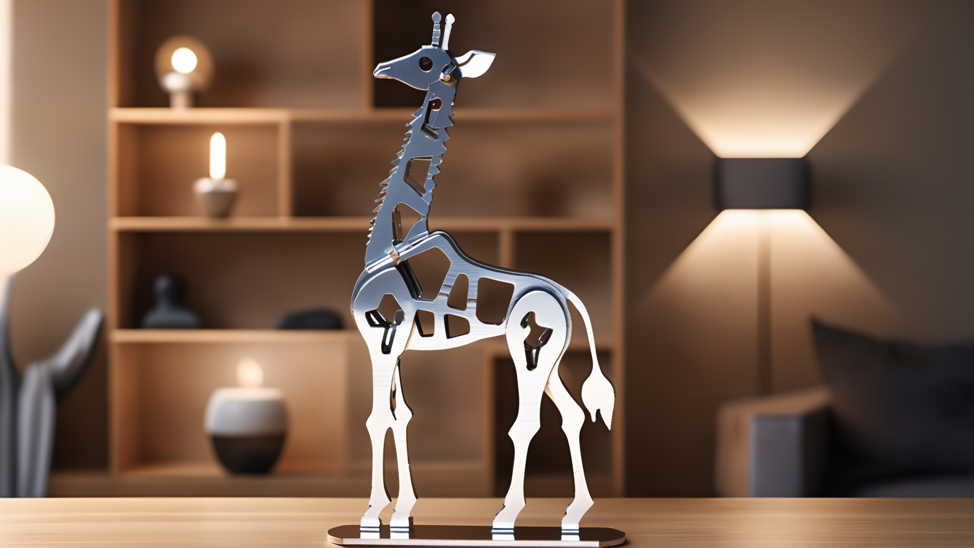 <lora:splicingtoycd_xl-000012:0.8>,a plane style steel giraffe made of splicingtoycd_xl on wooden desktop,three-dimensional puzzle,simple-structured,detailed,hi-res photo,chinese zodiac,no humans,silver theme,close-up,indoors,living room,simple background, emotional,harmonious,high budget,moody,epic,gorgeous,perfect lighting,realistic,photorealistic,photographic,photo (medium),real,moody lighting,volumetric lighting,reality ray tracing,8K,HDR,UHD,masterpiece,best quality,highly detailed,high resolution,finely detail,extremely detailed,ultra detailed,wallpaper