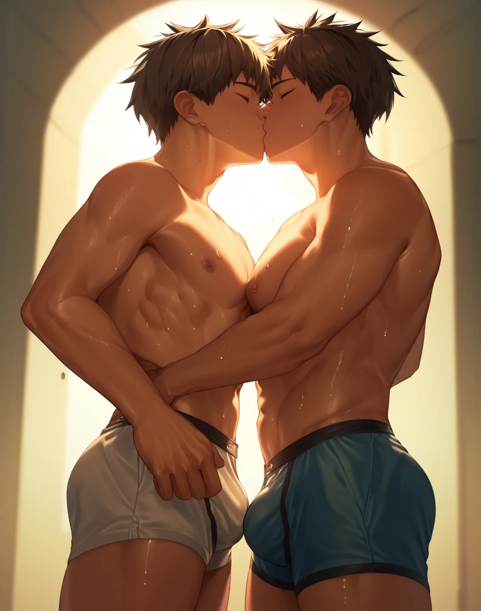 score_9, score_8_up, score_7_up, 2boys, side view, pectoral docking, touching pectorals, backlighting, backlit, topless male, kissing, sweat, bulge <lora:nayoshi8:0.8:1>