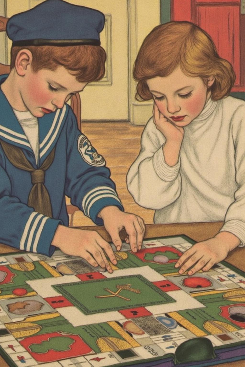 shippengreen1 illustration.
Two children, a boy and a girl, engaged in a board game.
The boy, on the left, is dressed in a sailor suit with a white shirt, a blue collar, and a navy blue hat with a white emblem on the sleeve.
 <lora:shippengreen1_cap_d6a3:1.0><lora:837357561729598978:0>