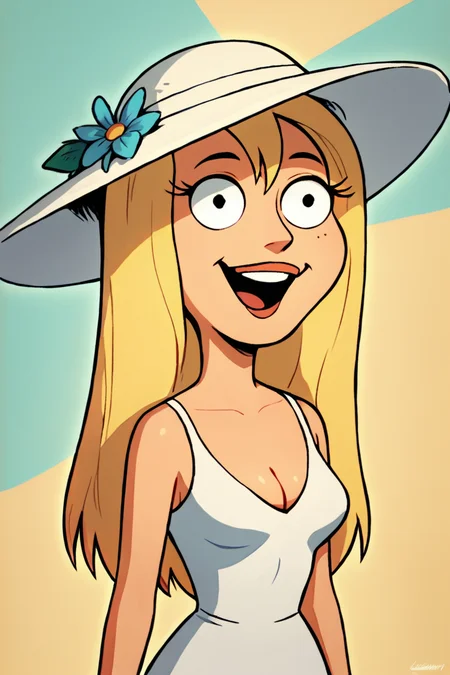 score_9, score_8_up, score_7_up, source_cartoon,
JillianRussell, 1girl, blonde hair, long hair,
solo, cleavage, white dress, summer hat, happy,
abstract background, masterpiece, best quality,
<lora:JillianRussell_PonyXL:0.7>