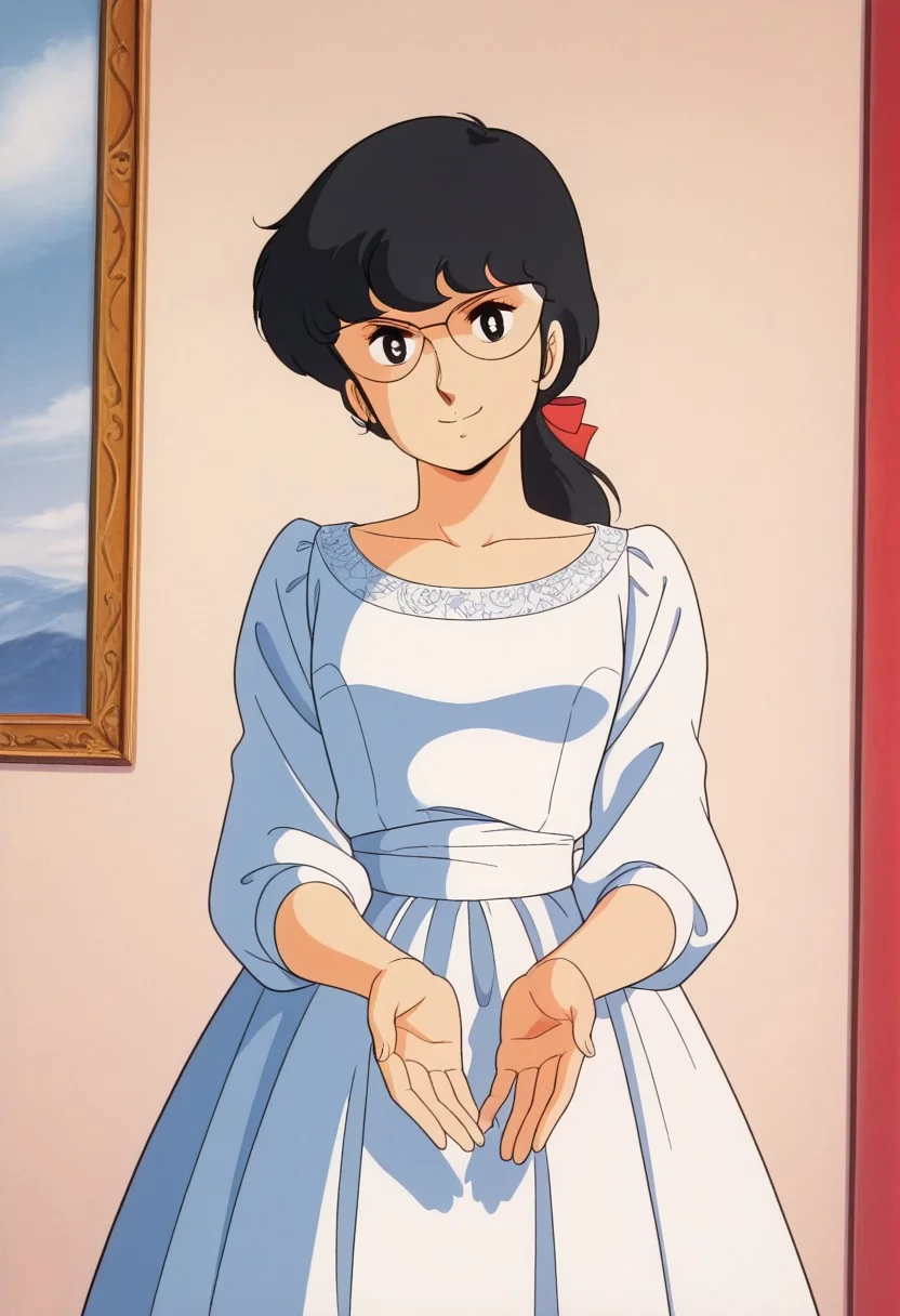 1girl, solo, Flammy_Hamilton, Black hair, straight hair, Black eyes, low ponytail with a red ribbon, girl with glasses, high resolution, more details, 8k quality, score_9, score_8_up, score_7_up, masterpiece, best quality, official art, official style, very aesthetic, absurdres, source_anime, perfect anatomy, 1980s (style), hanging eyes, perfect proportions, anatomically correct, perfect hands, perfect fingers, high resolution, more details, 8k quality, best quality, smiling, fancy vintage Edwardian dress, looking at viewer, giving hand,
