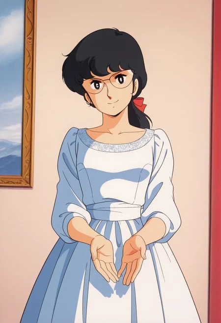 1girl, solo, Flammy_Hamilton, Black hair, straight hair, Black eyes, low ponytail with a red ribbon, girl with glasses, high resolution, more details, 8k quality, score_9, score_8_up, score_7_up, masterpiece, best quality, official art, official style, very aesthetic, absurdres, source_anime, perfect anatomy, 1980s (style), hanging eyes, perfect proportions, anatomically correct, perfect hands, perfect fingers, high resolution, more details, 8k quality, best quality, smiling, fancy vintage Edwardian dress, looking at viewer, giving hand,