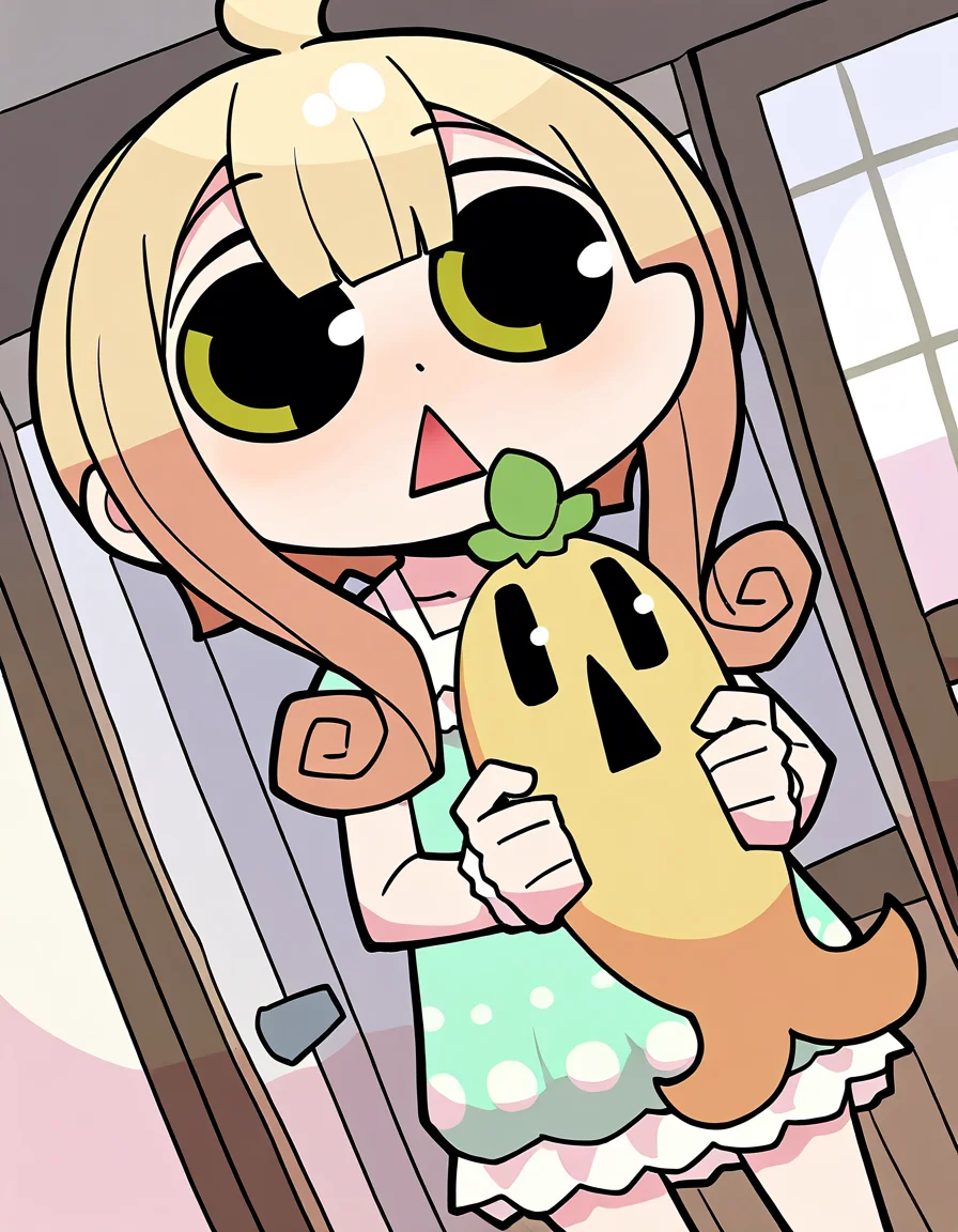 masterpiece, best quality, newest, absurdres, highres, safe, 1girl, satori kagome \(pajamas costume\), magia record: mahou shoujo madoka magica gaiden, papa \(shimeguru\), solo, holding stuffed toy, indoors, dutch angle, <lora:satori_kagome_noobaiXLNAIXL_vPred10Version:0.7>