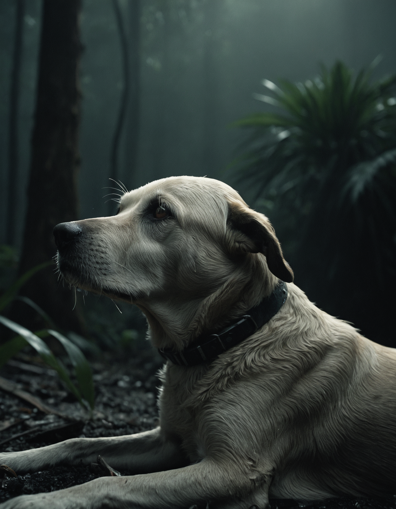 award winning wildlife (medium long shot:1.4), 35mm film movie still, ultra photorealistic, photorealism, (upper profile) shot of a defeated old dog in pain with the (sunken head:1.4) mourning (looking depressed down:1.2), (glossy eyes) cinestill, film grain, taken with hasselblad H6D 100c, the HCD 24mm lens, hazy mood, cinematic dramatic lighting, cold muted colors, (DOF:1.4), (dark lush jungle background), sharp focus, (perfect real extremely details), amazing fine detail, absurdres, hyper realistic lifelike texture, dramatic lighting
