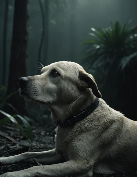 award winning wildlife (medium long shot:1.4), 35mm film movie still, ultra photorealistic, photorealism, (upper profile) shot of a defeated old dog in pain with the (sunken head:1.4) mourning (looking depressed down:1.2), (glossy eyes) cinestill, film grain, taken with hasselblad H6D 100c, the HCD 24mm lens, hazy mood, cinematic dramatic lighting, cold muted colors, (DOF:1.4), (dark lush jungle background), sharp focus, (perfect real extremely details), amazing fine detail, absurdres, hyper realistic lifelike texture, dramatic lighting