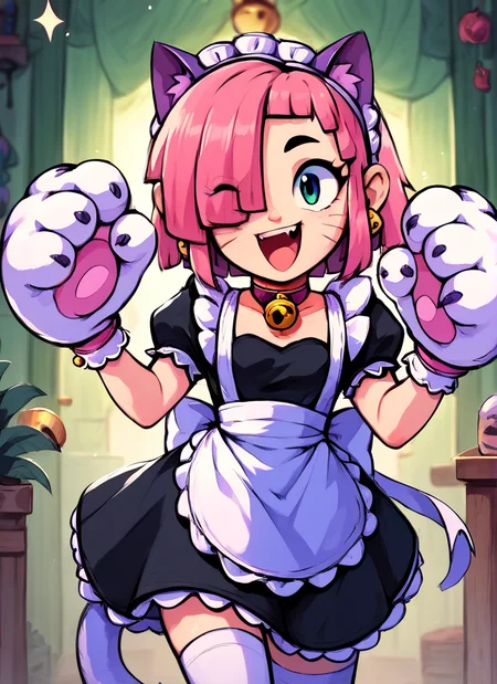 score_9, score_8_up, score_7_up , <lora:pawlette:1> 1girl, human , pawlette ,animal ears, cat tail , pink hair, hair over one eye, maid headdress, bracelet ,necklace, neck bell, maid, short dress, White Stockings , paw gloves,solo , smile , open mouth, one eye closed, <lora:Aer0Zer0_Artist_Style:1>aerozerorisk