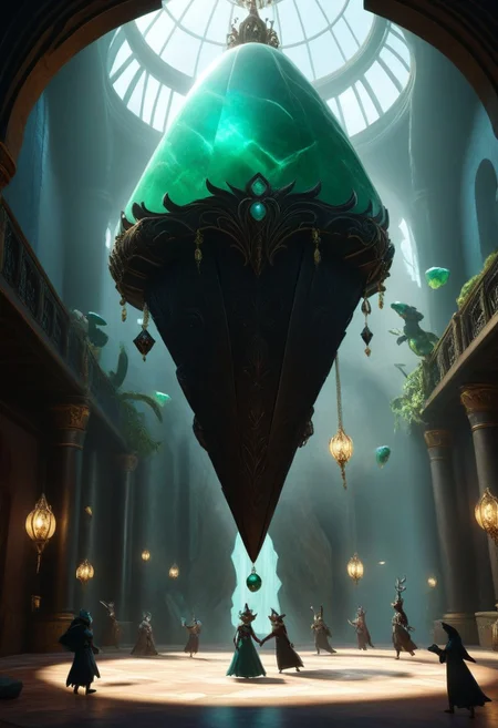 A group of whimsical, anthropomorphic creatures (part animal, part magical being) are caught mid-heist, stealing a giant, glowing obsidian jade gem from a towering, otherworldly palace. One creature is frozen in mid-air, holding the gem with a cheeky grin, while others are in interactive positions—one balancing on a chandelier, another using a grappling hook. The scene is a stunning blend of humor, action, and breathtaking artistry, with colors and textures that flow like a dream.