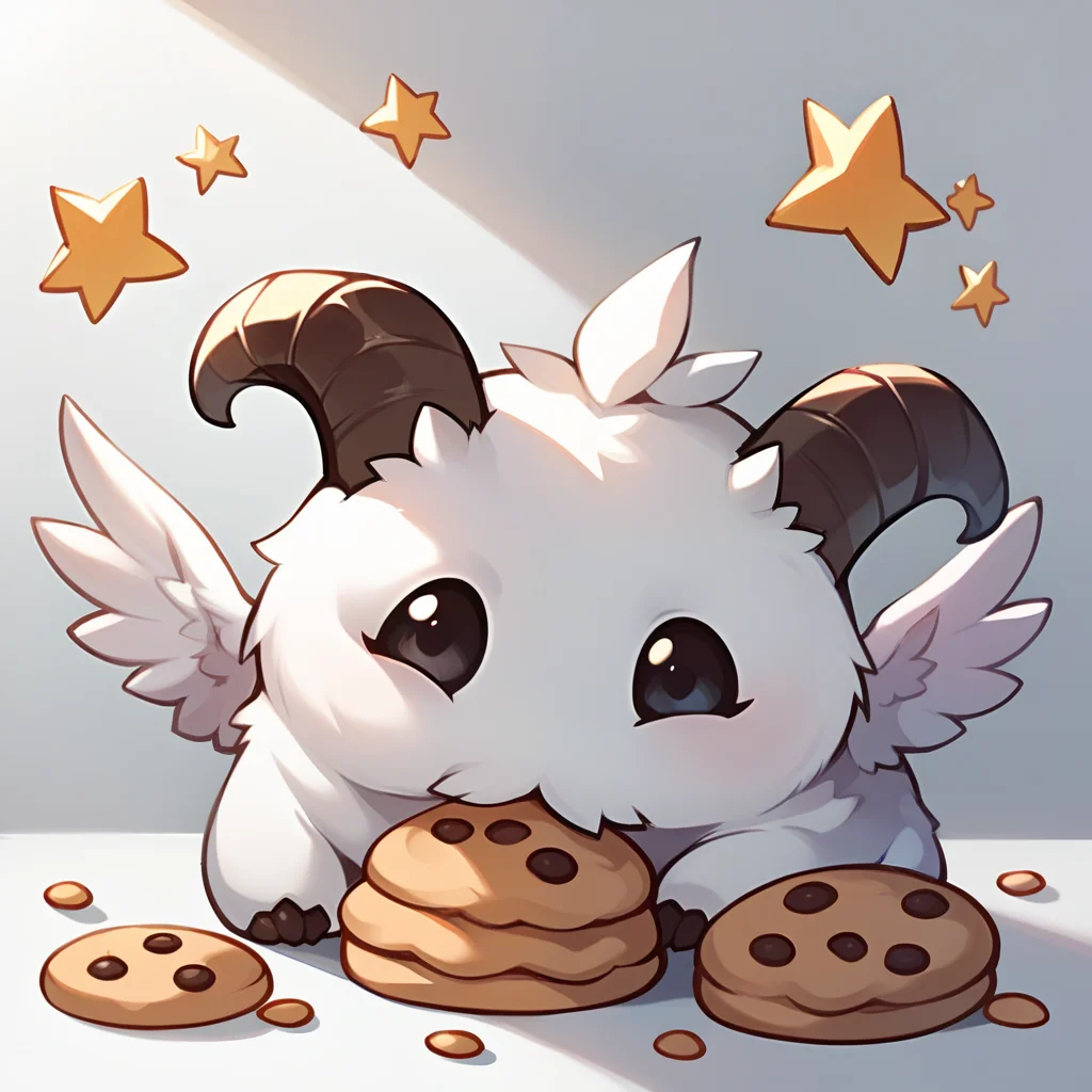 score_9, score_8_up, score_7_up, score_6_up, p0r0, no humans, animal focus, horns, <lora:Poro_v1:1>, cute, chibi, full body, looking at viewer, animal, food, cookie, wings, feathered wings