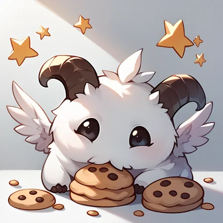score_9, score_8_up, score_7_up, score_6_up, p0r0, no humans, animal focus, horns, <lora:Poro_v1:1>, cute, chibi, full body, looking at viewer, animal, food, cookie, wings, feathered wings