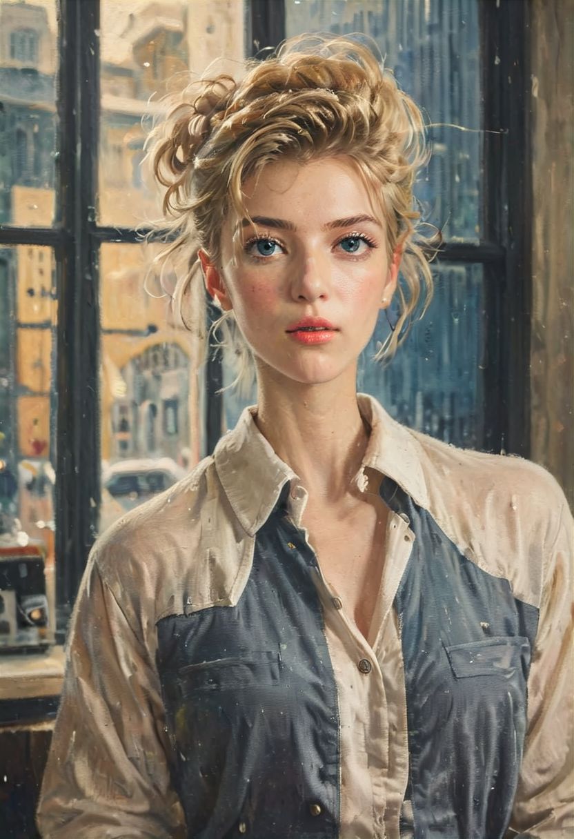 ((a beautiful woman in a Hair Salon, gold and dark blue color Palette, urban city  window view)), 
bust shot, close-up lips, 
modern interior design, cyberpunk, 
Recliner|Dressing table|Table lamp|Screen|Monitor|Signboard_Details,
Metal|Glass|Leather|Textiles|Carpet|Pillow_Texture,
perfect blonde hair, 
(modern photo, fashion dress up:1.1), 24mm, (analog, cinematic, film grain, hazy atmosphere, detailed eyes, (seductive), (epicPhoto), (looking at viewer), (cinematic shot:1.3),
ac_neg1, great lighting, extremely detailed, happy, Hair Salon, impressionist painting, zoya