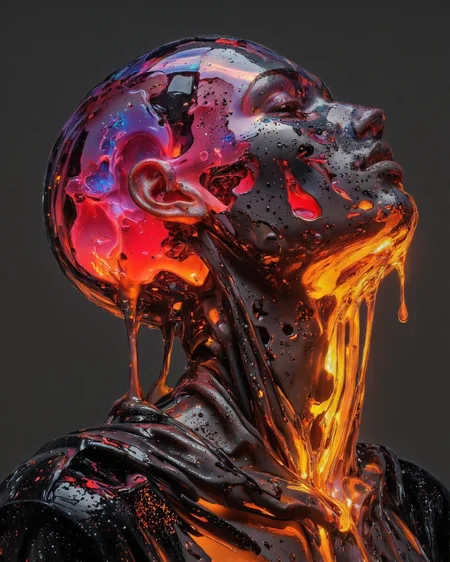 Delirium style. This is a digital CGI artwork depicting a stylized human head with a striking, otherworldly appearance. The head is rendered in a sleek, futuristic, and almost alien-like manner. The skin is a glossy, black material that has a slightly gritty texture, with areas of wear and tear suggesting a worn or used look. The face and neck are illuminated by vivid, neon-like colors, primarily red and orange, which create a sense of intense heat and energy. The colors are highly dynamic and fluid, with a liquid-like quality that appears to be melting or flowing. The eyes are replaced by glowing, abstract shapes that resemble electric arcs, adding to the futuristic and sci-fi feel. The mouth is open, with a similar glowing effect inside, giving the impression of a scream or intense emotion. The background is a solid, dark gray, which contrasts sharply with the bright, neon colors of the head, making the subject stand out. The overall composition is highly detailed, with a focus on the textures and the interplay of light and shadow. The image evokes a sense of mystery and otherworldliness, with a strong emphasis on the use of color and light to create a visually striking and dynamic effect. <lora:Bonafida.Studio:1> <lora:aidmaGLOW-FLUX-V0.1:0.65>
