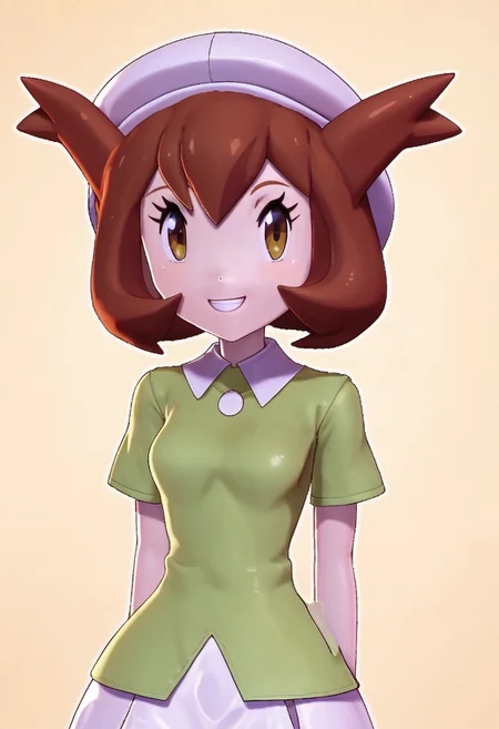 score_9, score_8_up, score_8, medium breasts, (curvy), cute, eyelashes, BREAK, , zzBianca, brown hair, brown eyes, medium hair, hair between eyes, short sleeves, green shirt, collared shirt, white hat, skirt, white skirt, <lora:Bianca_PokemonHeroes_PDXL_v2:0.7>,, BREAK, smile, looking at viewer, cowboy shot, embedding:zPDXL, Expressiveh, <lora:Zy0n7_PDXL:1.0>, <lora:SDXLFaeTastic2400:0.5>, <lora:Expressive_H-000001:0.4>,