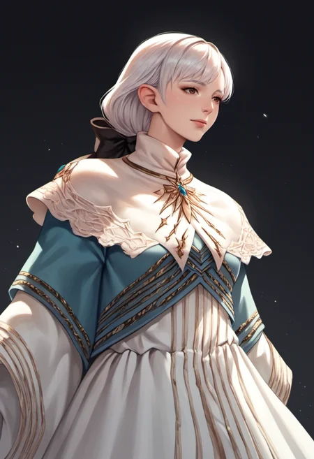 score_9,score_7_up,source_anime,zPDXL2,black background BREAK
ameliance,ameliancedress,brown eyes,bow,white hair,capelet,mature female,
<lora:ameliance:1>