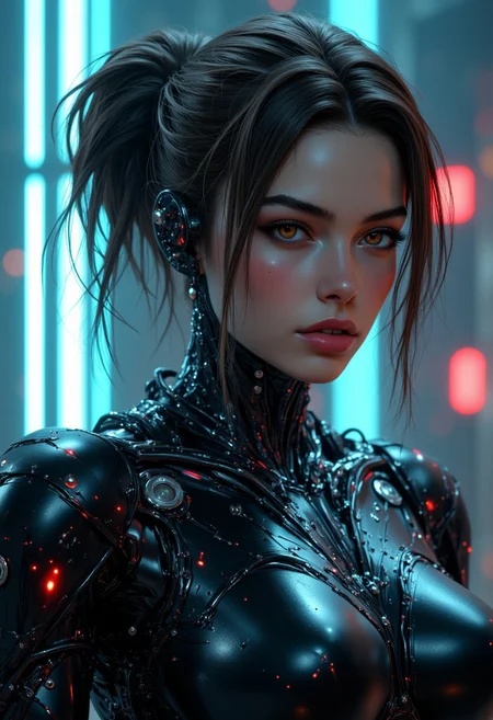 Cinematic shot of a beautiful female Cyborg, super detailed face features, looking innocent. She has a robotic body wearing some high tech armor. She is looking in to the camera. high contrast, light trails, motion blur, eerie lighting, elaborate fine details, elaborately detailed attire with extraordinary elements, hyperdetailed, intricate details, Refined details, best quality, high resolution, RefinedBeauty_DA