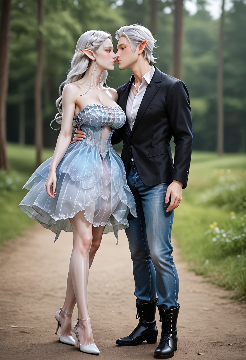 score_9_up, score_8_up, score_7_up, masterpiece, absurdres, raytracing, ambient occlusion, dynamic, cinematic, depth of field,8K,illustration, shiny hair,clear skin,ultra-detailed-eyes, (perfectly shaped lips:1.3), ((ultra-detailed faces:1.3)),(((tenderly kissing hand, half lidded eyes, blushing))), ((duo:1.2)), (((1woman, pointy ears, purple eyes, long straight silver hair, pale skin, large breasts))), ((the woman wears a blue dress and high heels)), (((Astarion, 1man, pointy ears, red eyes, white hair, medium length, semi curls perfectly styled hair, with a single charming loose strand over the right side of his forehead, sharp jawline, graceful male face features, little forehead wrinkles, extremely pale skin, toned body, tall))), ((the man is tall and muscular, wearing a  white shirt and black jacket, denim pants, and combat boots)), Idyllic forest background, sunset