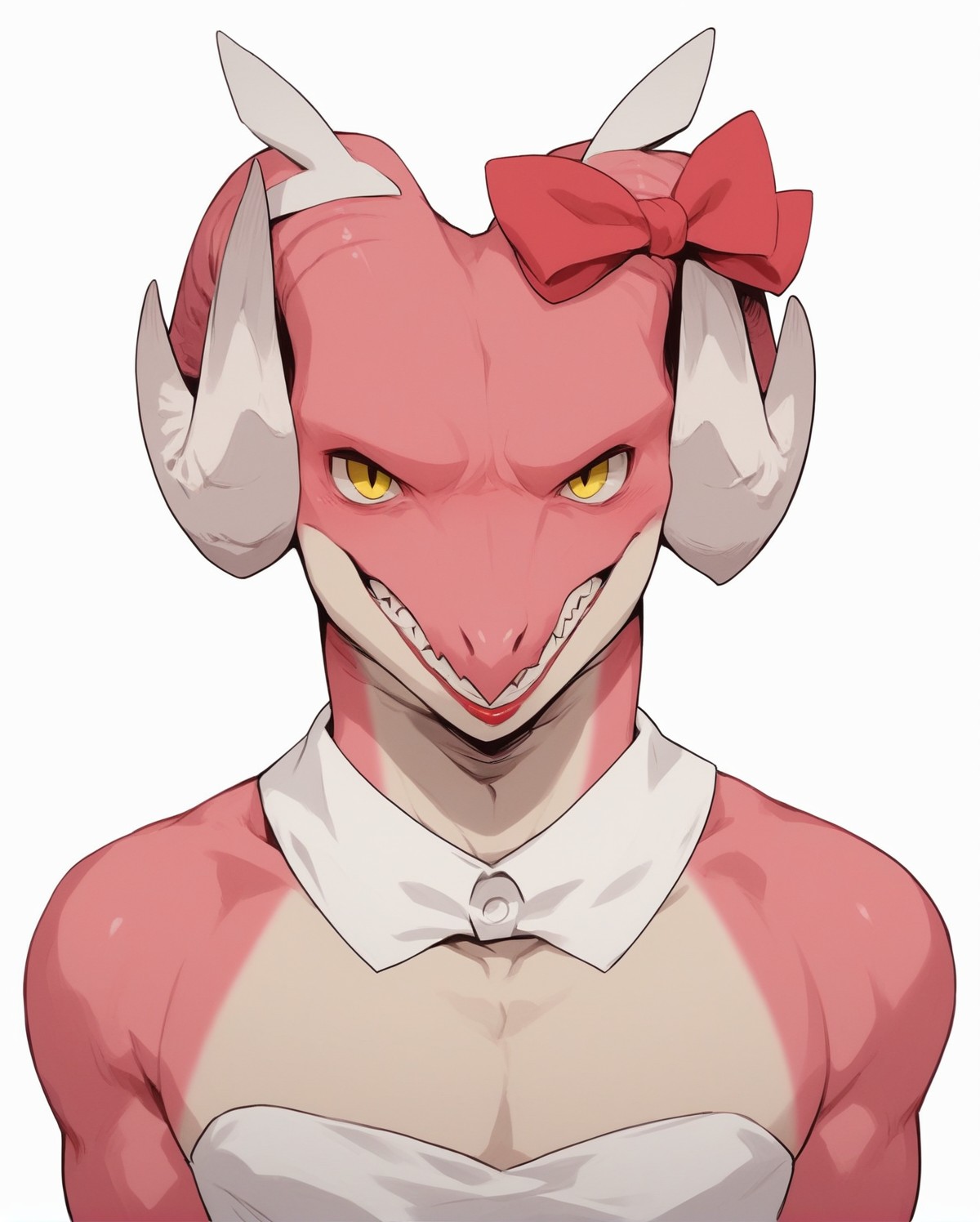 core_9, score_8_up, score_7_up, score_6_up, score_5_up, score_4_up,
(Masterpiece), (Best Quality), (Hi Res),
source_furry,
<1boy:1.5>,
<solo:1.5>,
<pink skin:1.5>,
<pink body:1.5>,
vincent_falnail, falchan, greyscale, 1boy, male focus, solo, yellow eyes, horns, furry male, furry, simple background, white background,form,
<dress:1.5>,<white dress:1.5>,<strapless dress:1.5>,crossdressing,lipstick,makeup,ribbon,head ornament,ribbon on horns,nostrils,dragon,
<face zoom:1.5>,
<face focus:1.5>,
<simple background:1.5>,
<white  background:1.5>,
<lora:Vincent_Falnail:1> vincent_falnail <lora:90s4n1m3XLP:1> 90s4n1m3, angry,
teeth,
clenched teeth,
pop vein,