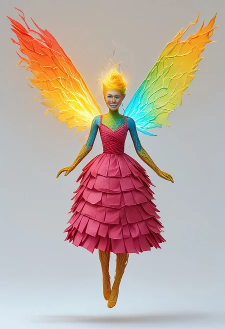 Fairy flying through a forest at sunset, reddish and yellowish colors, she dressed in a pink dress, made of filaments, her wings also made of white, green and fluorescent yellow filaments, all high definition, cinematic, truly real scene, 8k, expression of happiness, tranquility, very beautiful, very well-formed body, looking at the camera, blue eyes., electricity, glowing, portrait, colored skin, grey background, teeth, simple background, yellow eyes, skin made of electrical cables, clothing made from electrical cables, floating, indoors, wires, made of wires, cables, outlined with wires, wire sculpture, neon wire sculpture, gradient overlay, PonyXLV6_Scores