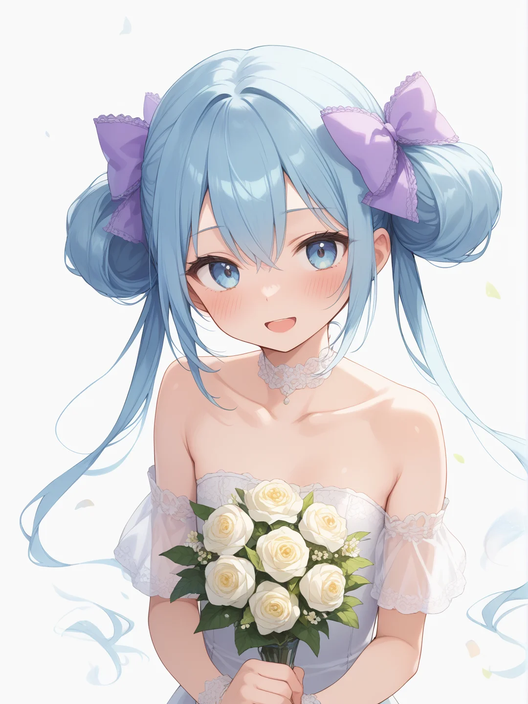 score_9, score_8_up, score_7_up, score_6, score_5, score_anime, break
newest, absurdres, very aesthetic, best quality,masterpiece, break
solo, 1girl, young, simple background, white background, from front, standing, upper body, break
holding bouquet,
wedding dress, lace frills, short sleeves, off shoulders, collarbone, strapless, break
flat chest, blue eyes, double bun, purple bow, blue hair, twintails, hair between eyes, hair bow,
shy, blush, full-face blush, looking at viewer, half-open mouth, smile,
<lora:character_pony_Arisu:0.8>