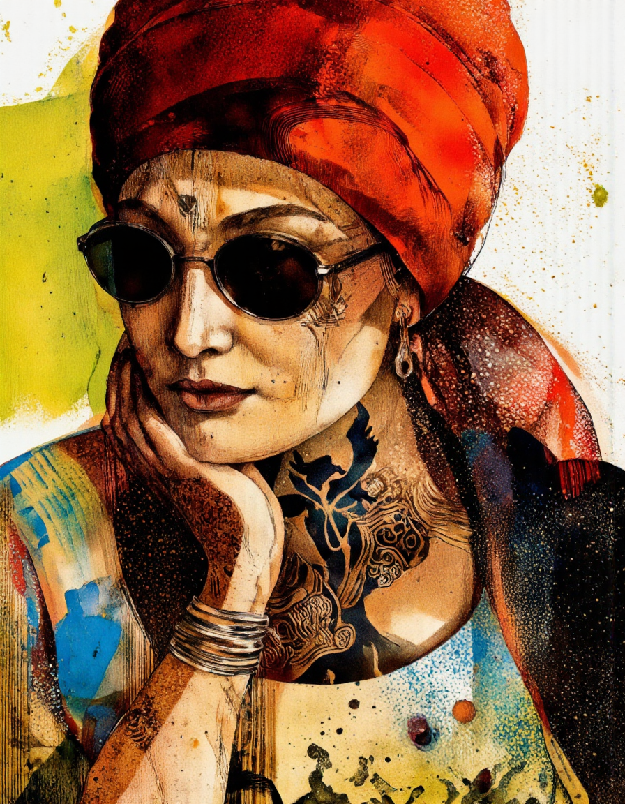 . A portrait of an elderly woman with a thoughtful expression, wearing sunglasses and a vibrant red turban, set against a colorful abstract background with splashes of yellow, green, and blue. the woman, who appears to be in her late 60s or early 70s, has a wrinkled, dark skin tone and intricate tribal tattoos covering her face and upper body. she is positioned in the middle of the image, with her upper body facing the viewer and her hand resting on her chin, deep in thought. her eyes are closed, and she is wearing a pair of earrings and a bracelet with a pendant. the overall style is reminiscent of comic book art, with bold lines and vibrant colors that bring out the intricate details of the woman's face and clothing.