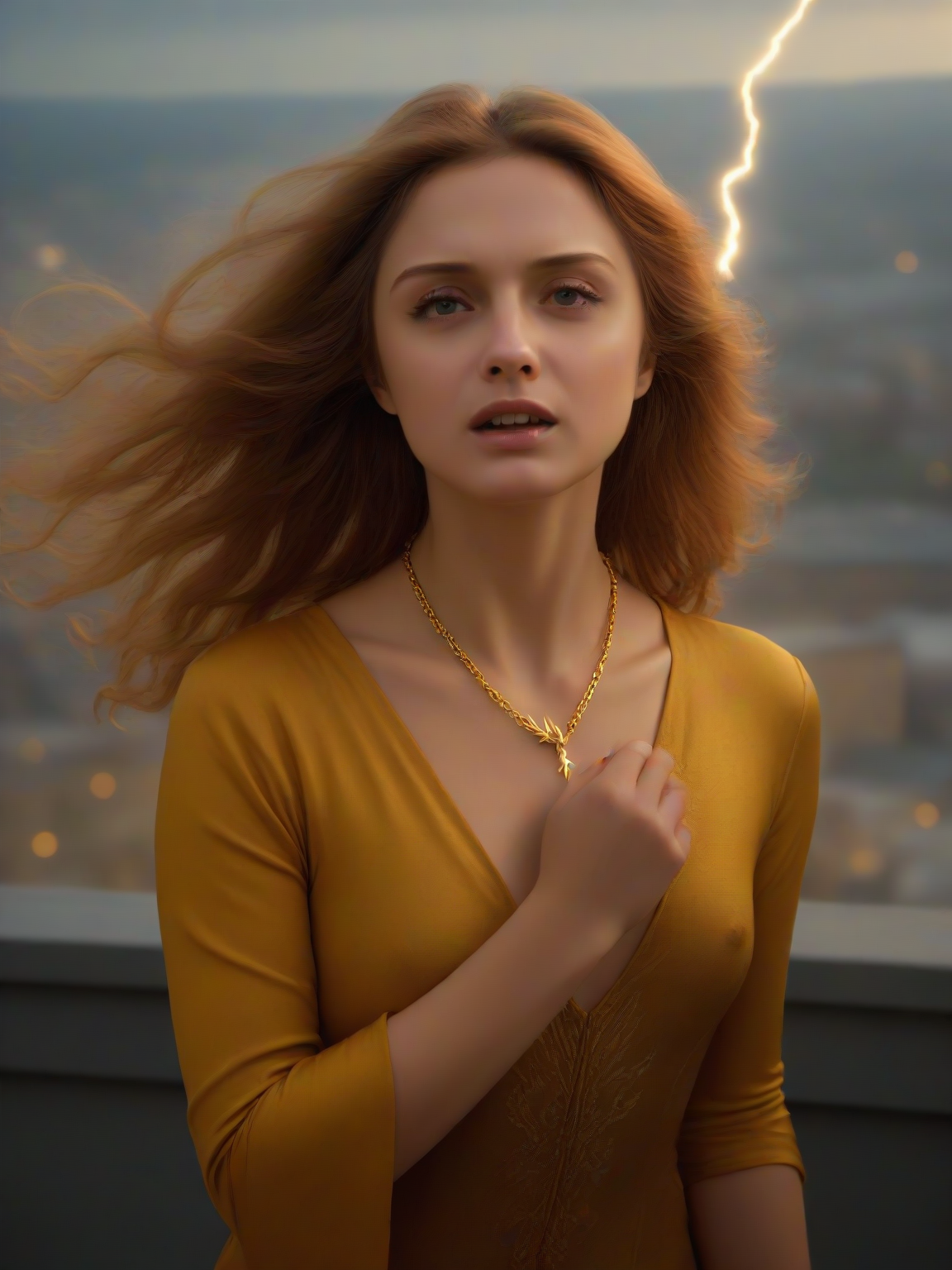 Masterpiece,best quality,8k raw,photorealistic,Cl4r1ce,woman,portrait,long messy hair,blowing hair,dressed as Dark Phoenix,casting a lightning spell with her hands,gotham city background,wind blowing,ornate gold necklace,cinematic lighting,<lora:Clarice_Metart_XL-step00004500:0.9>,