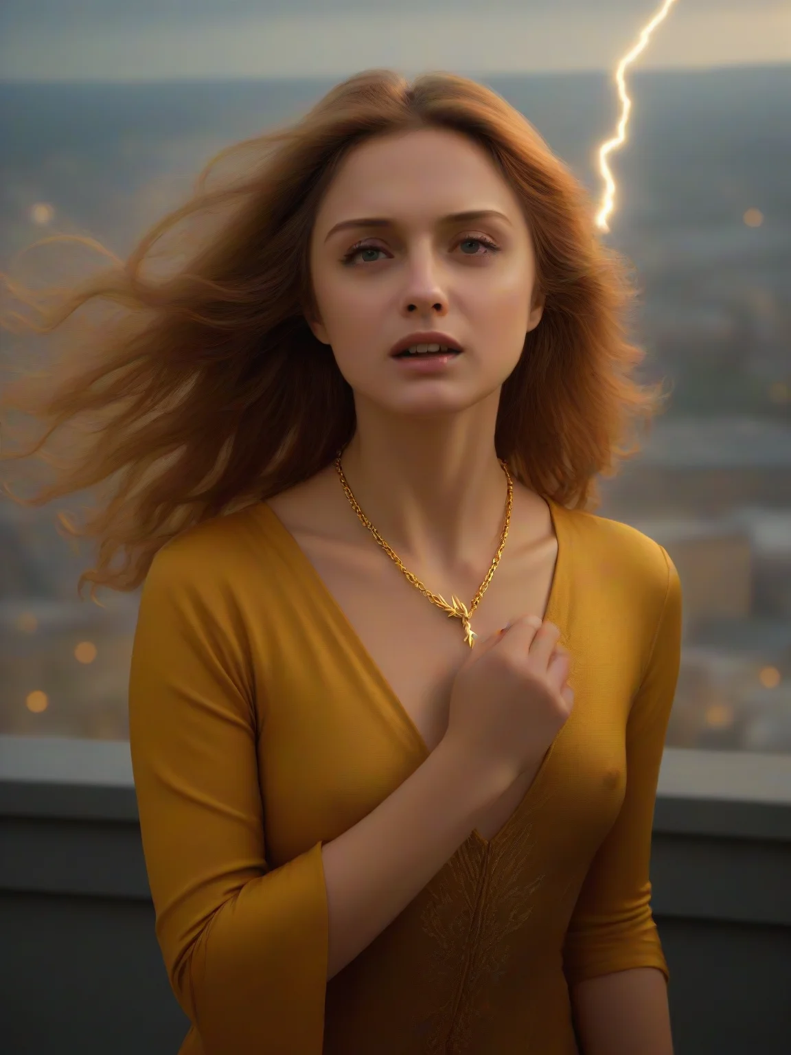 Masterpiece,best quality,8k raw,photorealistic,Cl4r1ce,woman,portrait,long messy hair,blowing hair,dressed as Dark Phoenix,casting a lightning spell with her hands,gotham city background,wind blowing,ornate gold necklace,cinematic lighting,<lora:Clarice_Metart_XL-step00004500:0.9>,