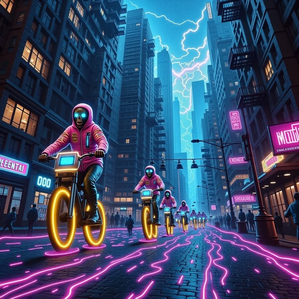 psychedelic style concept art horror-themed Dark Fantasy Art, <lora:Undead Apocalypse v1:1> und34dpsy, In a warped, collapsing city, zombie couriers in holographic jumpsuits race down melting streets on levitating bicycles, delivering glowing packages to mysterious beings. The roads are made of pulsating light, and buildings dance to invisible rhythms. One zombie rides upside down across the ceiling of reality. Animated glitches and pixel tears streak through the sky as if the apocalypse is being live-streamed., dark, moody, dark fantasy style . eerie, unsettling, dark, spooky, suspenseful, grim, highly detailed . digital artwork, illustrative, painterly, matte painting, highly detailed . vibrant colors, swirling patterns, abstract forms, surreal, trippy