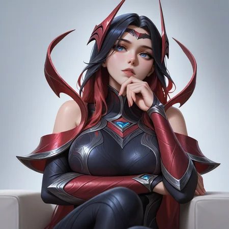 masterpiece, best quality, newest, absurdres, highres, ireliadefault, 1girl, black dress, black red armored dress, red diadem, black red hair ornament, bare shoulders, detached sleeves, black hair, blue eyes,crossed arms, sitting, hand on own chin, large breasts,<lora:Irelia:1>
