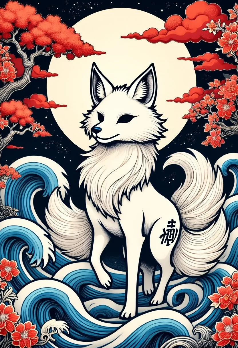 UkiyoFusion. An artistic depiction of a majestic white nine-tailed fox (Kitsune) standing gracefully in front of a glowing full moon. The fox is surrounded by flowing clouds, dynamic ocean waves, and swirling patterns in red and blue hues. The scene features blooming flowers and a stylized bonsai tree in the background, with intricate details and vibrant contrasts. A mystical symbol is etched on the fox's body, emphasizing its supernatural aura and presence.