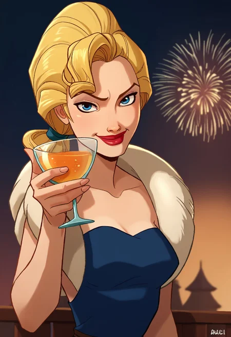 score_9, score_8_up, score_7_up, score_6_up, abarbucci-dh, dutch angle BREAK, smile, holding cup, fireworks, cocktail dress, fur trim, elbow glowes, h_s, 1girl, blond hair, blue eyes, red lips, long ponytail hair <lora:Artist_Style_-_Alessandro_Barbucci_Ekho_Sky_Doll_PDXL:1> <lora:add-detail-xl:0.5> <lora:Helga_Sinclair:0.5>