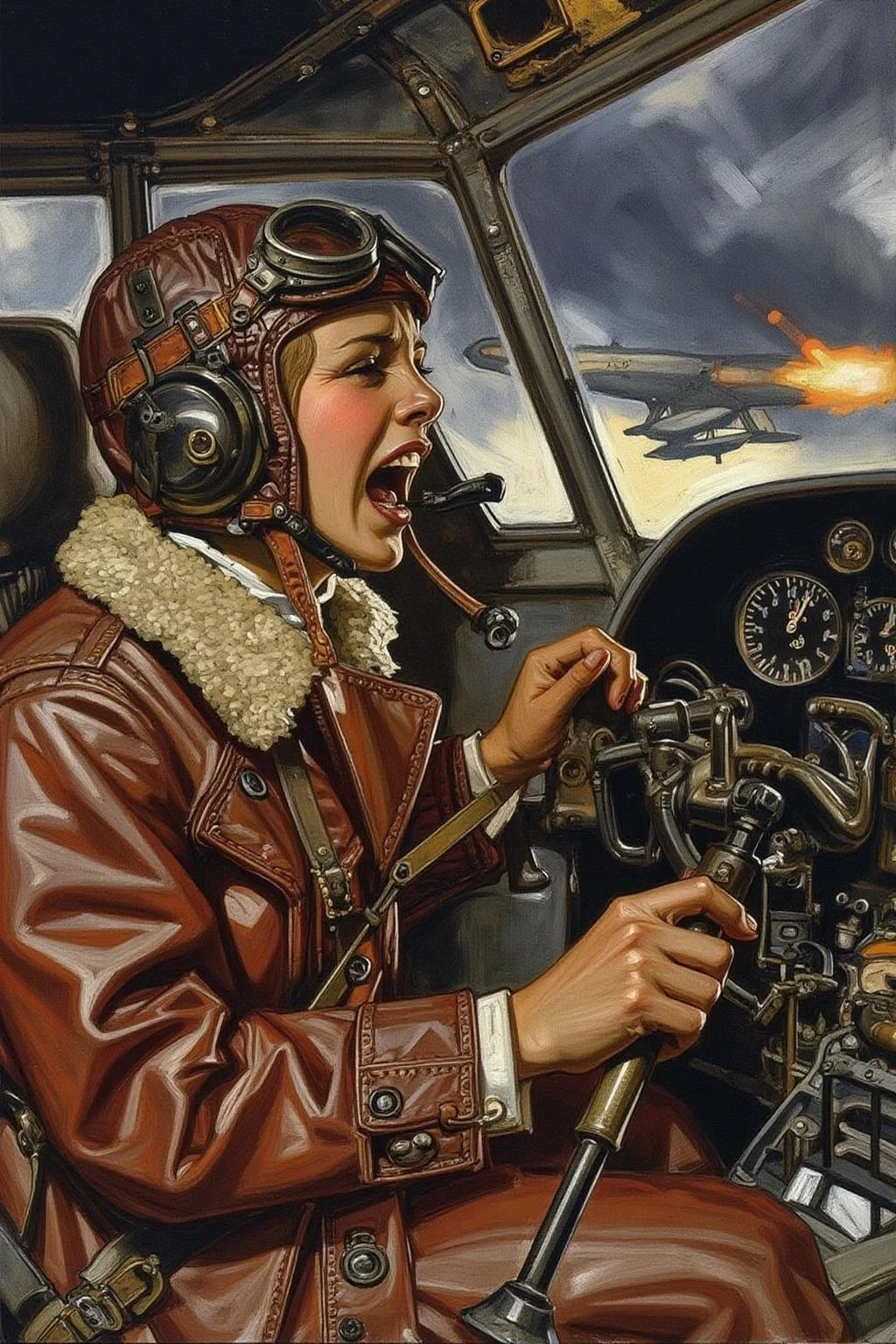 jcleyen1 painting.
A female pilot screaming inside the cockpit of a World War II bomber. The pilot, wearing a vintage leather flight helmet with goggles and a bomber jacket, grips the controls with white-knuckled hands. Her face is contorted in a mix of fear and determination as she yells, her eyes wide with adrenaline. The cockpit is cramped and filled with old-fashioned dials and gauges, with the outside view showing dark stormy clouds and distant anti-aircraft fire <lora:jcleyen1_cap_d6a3e11:1.0><lora:824054033674184606:0>