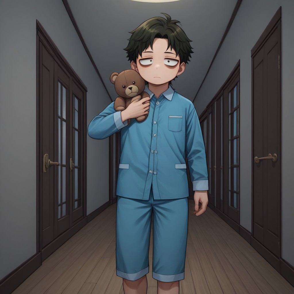 score_9, score_8_up, score_7_up, source_anime, highly detailed, cute boy, 1boy, solo, young, damian desmond, short hair, brown hair, brown eyes, blue pajamas, button up pajama shirt, holding teddy bear, rubbing eye, sleepy, bags under eyes, bare feet, at night, dark, in hallway