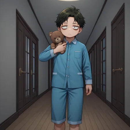 score_9, score_8_up, score_7_up, source_anime, highly detailed, cute boy, 1boy, solo, young, damian desmond, short hair, brown hair, brown eyes, blue pajamas, button up pajama shirt, holding teddy bear, rubbing eye, sleepy, bags under eyes, bare feet, at night, dark, in hallway