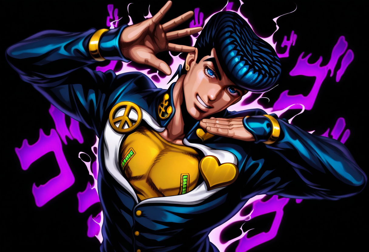 masterpiece, high quality, j0suk3, jojo pose, pose, hands up, 1boy, solo, male focus, Higashikata Josuke, araki hirohiko (style), menacing, aura, black background, looking at viewer, smile, teeth, upper body, head tilt, high angle, from above, perspective, dutch angle,
