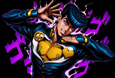masterpiece, high quality, j0suk3, jojo pose, pose, hands up, 1boy, solo, male focus, Higashikata Josuke, araki hirohiko (style), menacing, aura, black background, looking at viewer, smile, teeth, upper body, head tilt, high angle, from above, perspective, dutch angle,