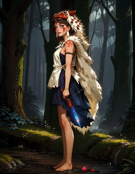 score_9, score_8_up, score_7_up, score_6_up, score_5_up, score_4_up, san, 1girl, full body, standing, side view, solo, short hair, brown hair, gray eyes, headband, face paint, earrings, white sleeveless top, navy under dress, arm cuffs, fur headdress, fur cape, light-skinned female, female focus, looking at viewer, smiling, forest, (blush:1.1)