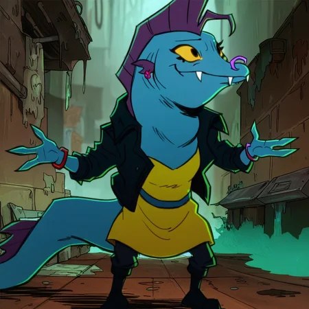 score_9_up, score_8_up, score_7_up, score_6_up, 1girl, solo, lee_tmnt, furry female, purple mohawk, fangs, nose ring, earrings, bracelets, black leather jacket, yellow dress, pants, boots, yellow eyes, yellow sclera, (standing in a sewer), hands on hips, smug smile