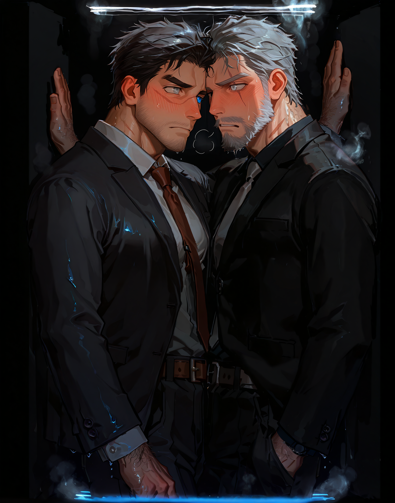 <lora:inlockerillv1:1>,((2boys, from side, in locker, cowboy shot, dark, black background, steam, sweat,  blush, embarrassed, facing another, face-to-face, standing, knee up, in locker, dark, black background, cowboy shot,)),
(business suit, black jacket, white shirt, black pants, belt, necktie, ),
(scar on right eyes, heterochromia, left blue eye, right grey eye, blue eye, grey eye),
<lora:DNF_Monk_r1:.9> dnfmonk, muscular male, beard, multicolored hair, scar on face, (very short hair), male focus, muscular male, large pectorals, 
muscular male, bara, mature, (hairy body, hairy, body hair, arm hair, leg hair, hairy body, glossy skin, bara, mature, facial hair, beard, full beard, sideburn, mustache, stubble), facial hair, bara, mature, body hair, aixiwuganda_(20222192), very awa, masterpiece, best quality, absurdres, newest, perfect quality, detailed background, intricate details,<lora:slider_Body Type_alpha1.0_rank4_noxattn_last:3><lora:Anime Summer Days 2 Style SDXL_LoRA_Pony Diffusion V6 XL:.6><lora:merged:.7>, DARK, DARK BACKGROUND, LOW-KEY LIGHTING <lora:slider_cfg_scale_boost:.7><lora:Artist6p:.55>, Artist6p, Artist04p,<lora:slider_il_brightness_slider_d1:-.5><lora:slider_il_contrast_slider_d1:-.25>,<lora:slider_contract_controller_illus01_v1:.3>,<lora:slider_DarkSlider1.2_alpha1.0_rank16_full_300steps:-.2><lora:Heavenly_Beauty_r1:1>, (heavenlybeauty,)<lora:slider_style_strength_controller_illus01_v1:.25><lora:addon_sweaty_v2:1.3>, ((sweatILL, sweaty, steamy, wet skin, sweatdrop)),