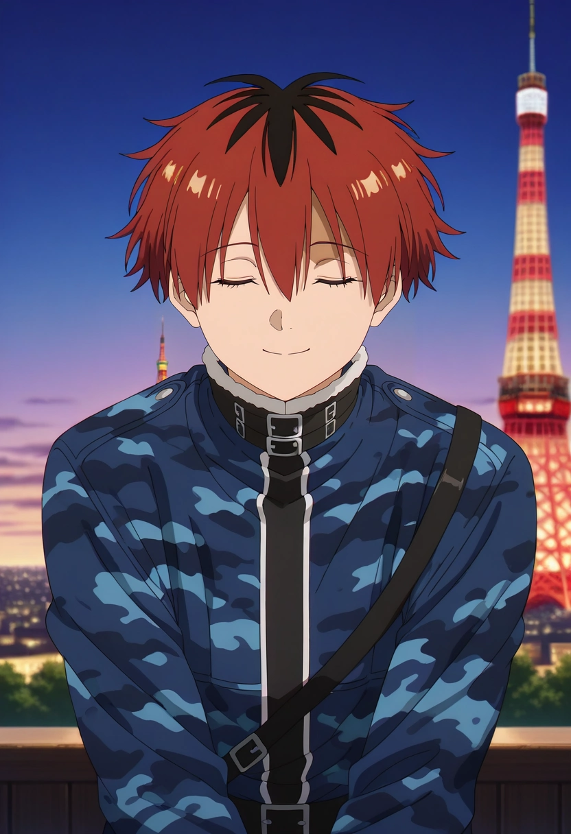 masterpiece, best quality, intricate details, anime screencap, , , , depth of field, 1boy, solo, male focus, <lora:stark_sousou_no_frieren_ilxl:0.92>, stark_sousou_no_frieren, red hair, red eyes, short hair, bangs, hair between eyes, multicolored hair, two-tone hair, black hair, upper body, tokyo tower, midnight, v arms, (closed eyes:1.2), smile, camo costume