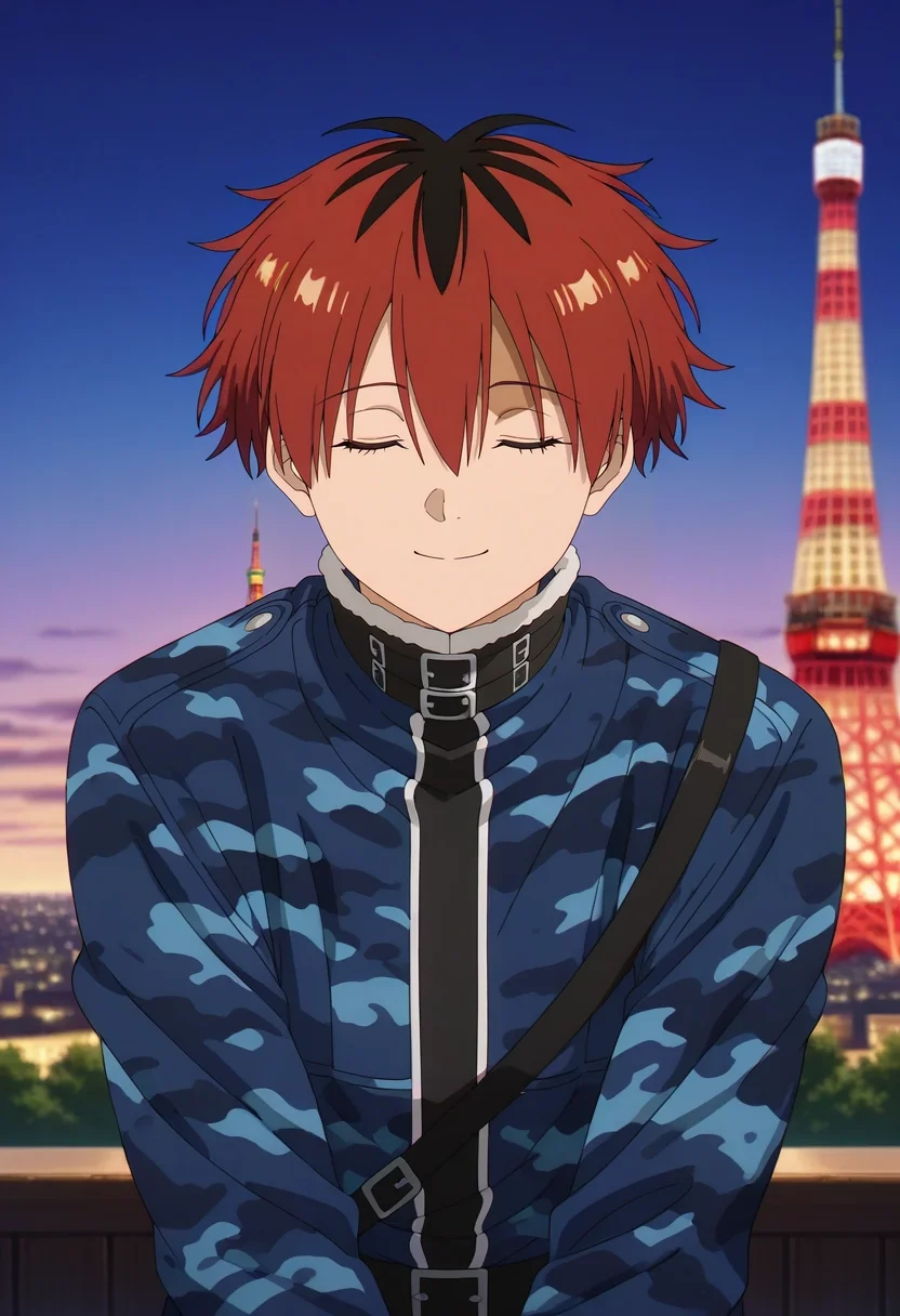 masterpiece, best quality, intricate details, anime screencap, , , , depth of field, 1boy, solo, male focus, <lora:stark_sousou_no_frieren_ilxl:0.92>, stark_sousou_no_frieren, red hair, red eyes, short hair, bangs, hair between eyes, multicolored hair, two-tone hair, black hair, upper body, tokyo tower, midnight, v arms, (closed eyes:1.2), smile, camo costume