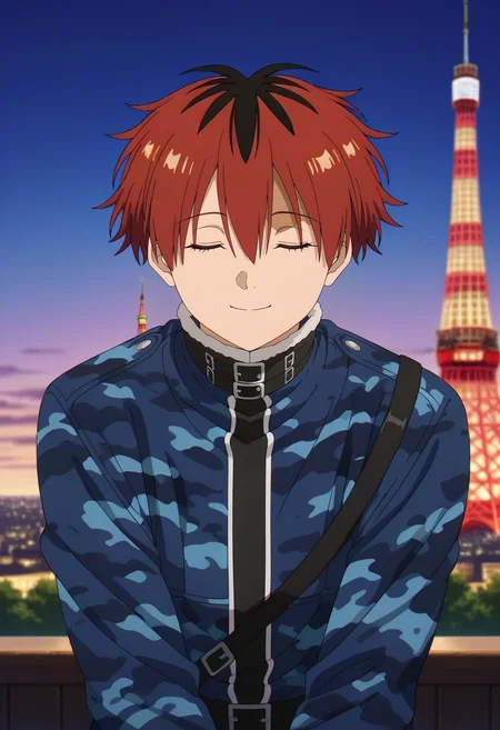masterpiece, best quality, intricate details, anime screencap, , , , depth of field, 1boy, solo, male focus, <lora:stark_sousou_no_frieren_ilxl:0.92>, stark_sousou_no_frieren, red hair, red eyes, short hair, bangs, hair between eyes, multicolored hair, two-tone hair, black hair, upper body, tokyo tower, midnight, v arms, (closed eyes:1.2), smile, camo costume