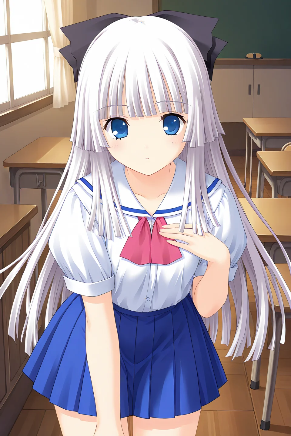 masterpiece, best quality, absurdres, official art, official style, zPDXL2, zPDXLxxx, rating sensitive, sexually suggestive, nsfw, uncensored BREAK <lora:rokujoumiyaho_IL_v1:0.7>, rokujou miyaho, 1girl, solo, blue eyes, grey hair, very long hair, blunt bangs, hime cut, straight hair, blunt ends, sidelocks, hair bow, black bow, small breasts,
school uniform, summer uniform, serafuku, white sailor collar, collarbone, pink neckerchief, white shirt, blouse, puffy short sleeves, blue skirt, miniskirt, pleated skirt, looking at viewer, hand on own chest, cowboy shot, blush, parted lips, :o, arm at side, hand up, closed mouth, expressionless, serious, indoors, walking, leaning forward, classroom