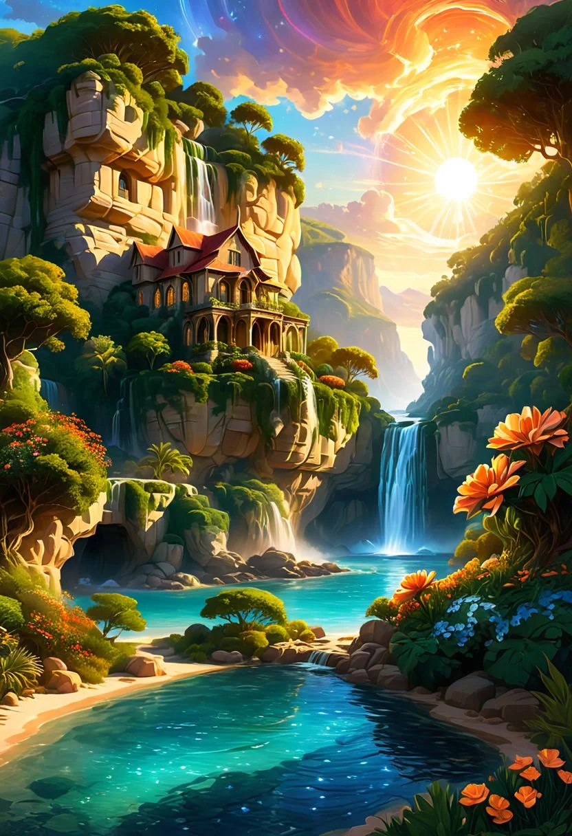 Incorporate the style of Bec Winnel into a high-resolution, 8K image featuring a low-angle view at sunset. The scene depicts a luxurious man's cave cabin adorned with detailed limestone, nestled on a rocky beach with a fountain park and enchanted floral background. The setting exudes a mystical glow, with an intricate, luminous, and vivid light-ray effect, creating an ethereal fantasy concept art. The oasis surrounding the cabin is meticulously detailed, showcasing a blend of natural elements and artistic glowing features.
The overall composition should be magnificent, celestial, and majestic, evoking a sense of magic and wonder. Embrace a painterly approach to capture the essence of a dreamy, epic landscape inspired by the works of Andre Kohn. The image should serve as a cover art piece, transporting viewers to a realm of fantasy and enchantment.